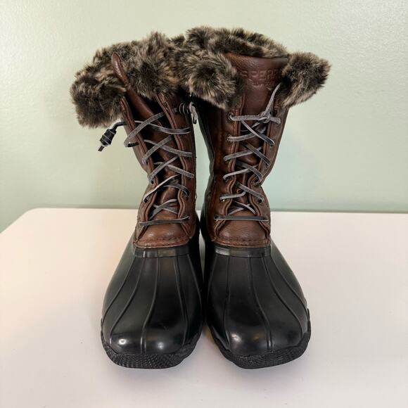 Sperry Tall Boots Girls 4 Fur Snow Waterproof Leather Lace Up Zip Pull On Brown - Picture 2 of 9